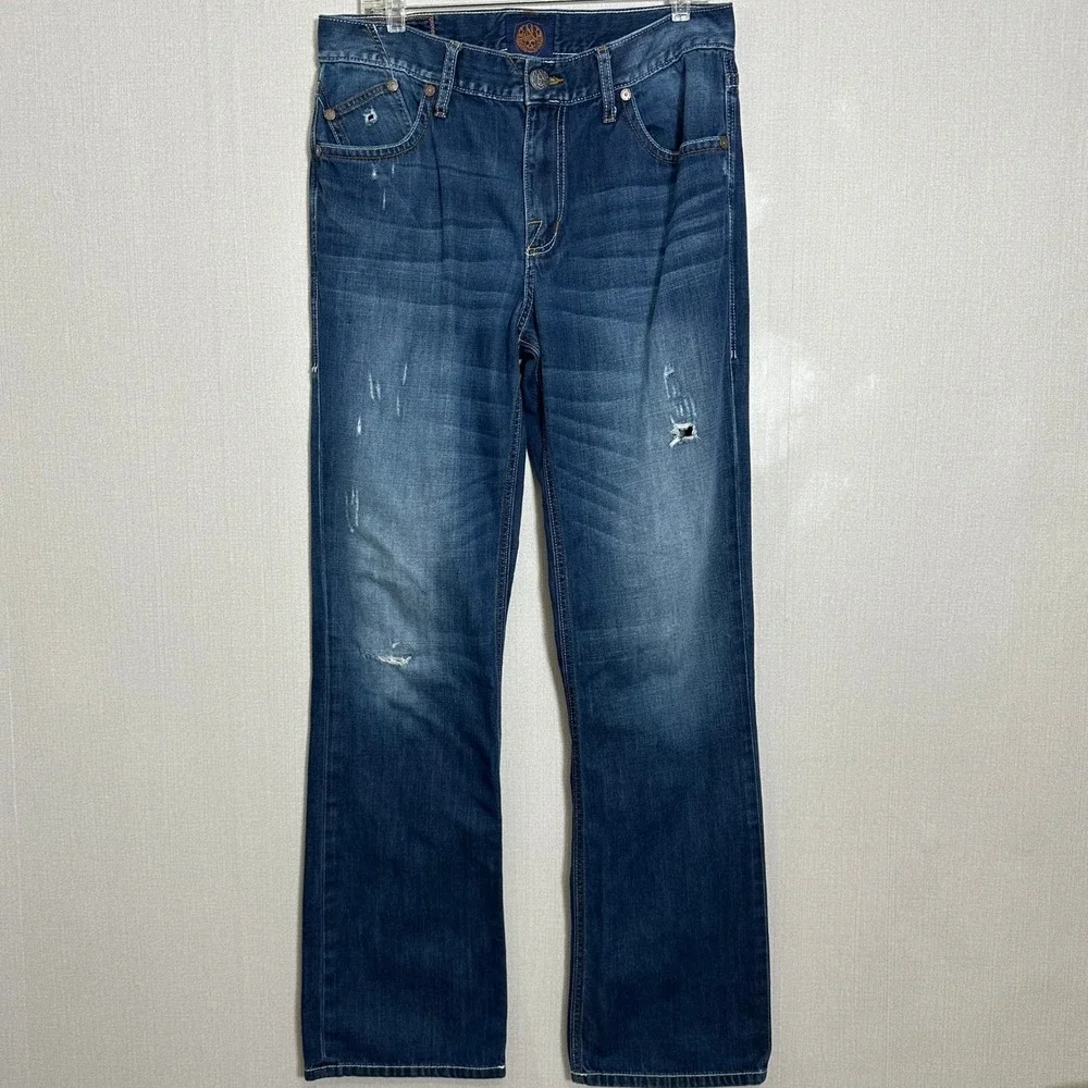 Rock & Republic Mens 34x34 Bootcut Jeans Dark Blue Wash Distressed Flap Pockets